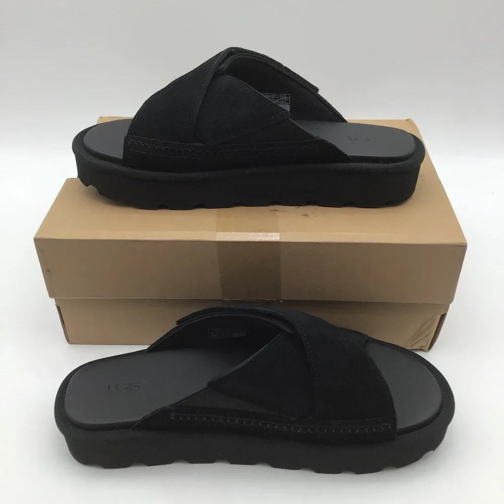UGG Sungaze Slide Black Suede Platform Sandals Womens Size 9 Cross Strap NEW